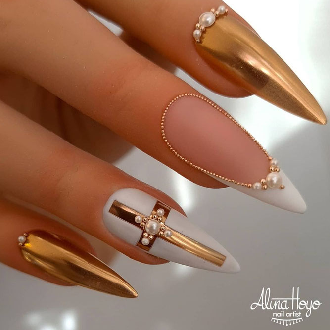 Gold Nails Ideas With Rhinestones