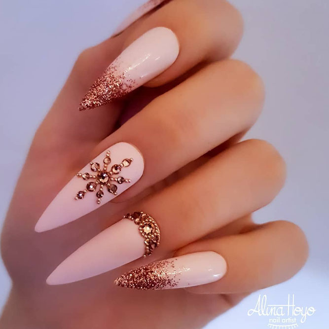Gold Nails With Rhinestones