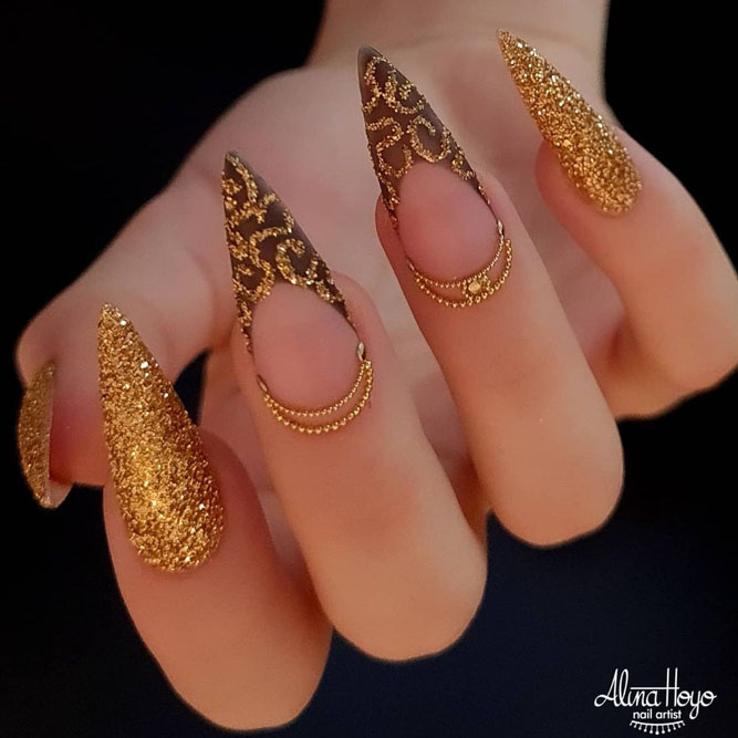 Gold Glitter Stiletto Nails