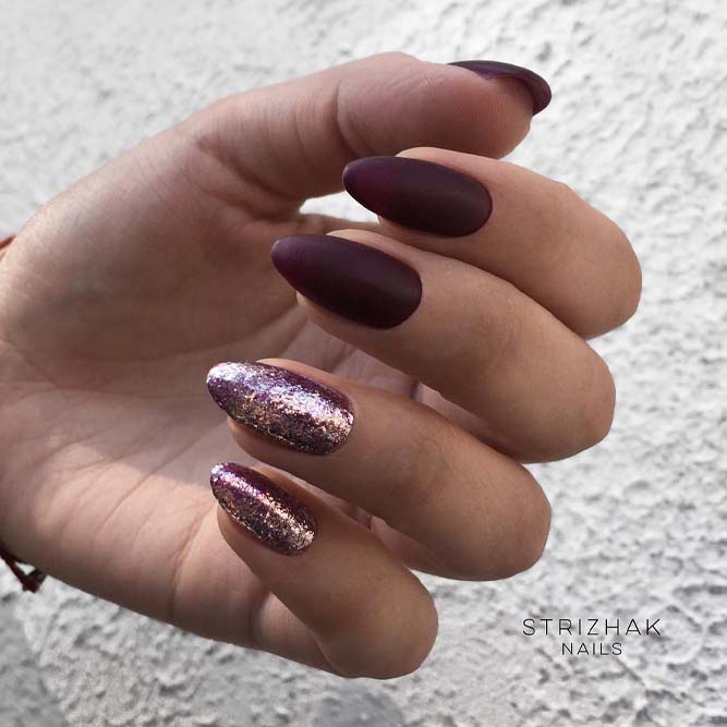 Burgundy Nails with Glitter Accent