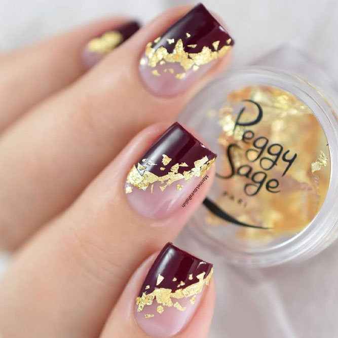 Maroon Nails with Golden Accents
