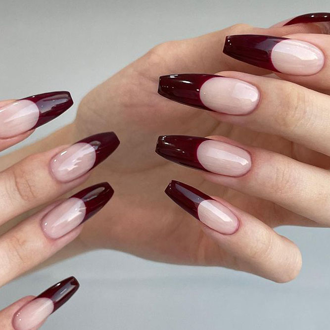 Maroon Nails with French Manicure