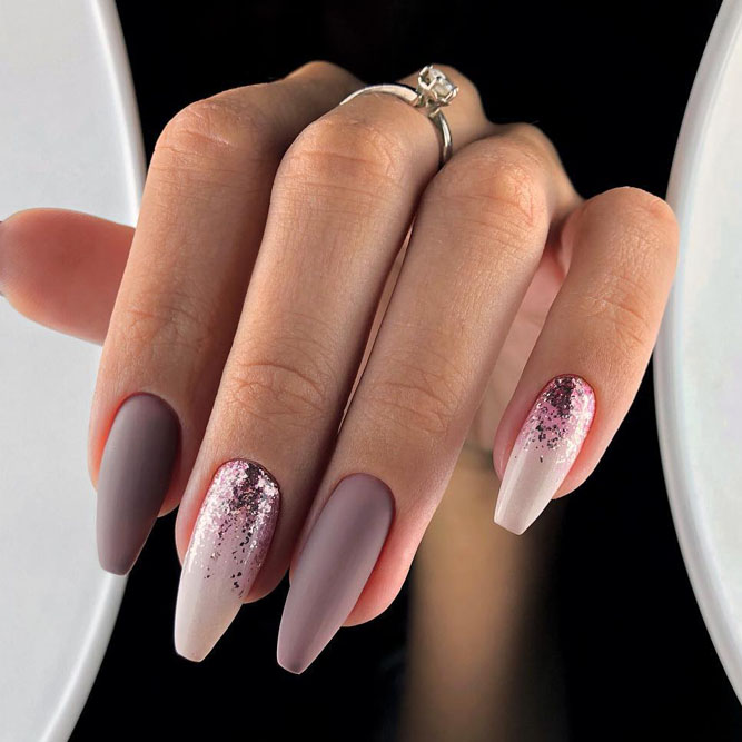 Long Mauve Nails With Sparkles