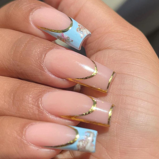 Nude and Gold Long Nails