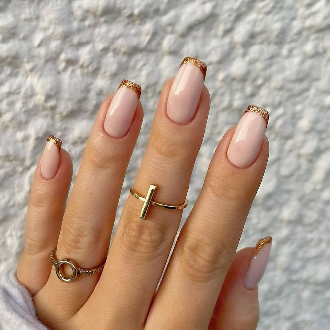 Nude and Gold French Nails with Glitter