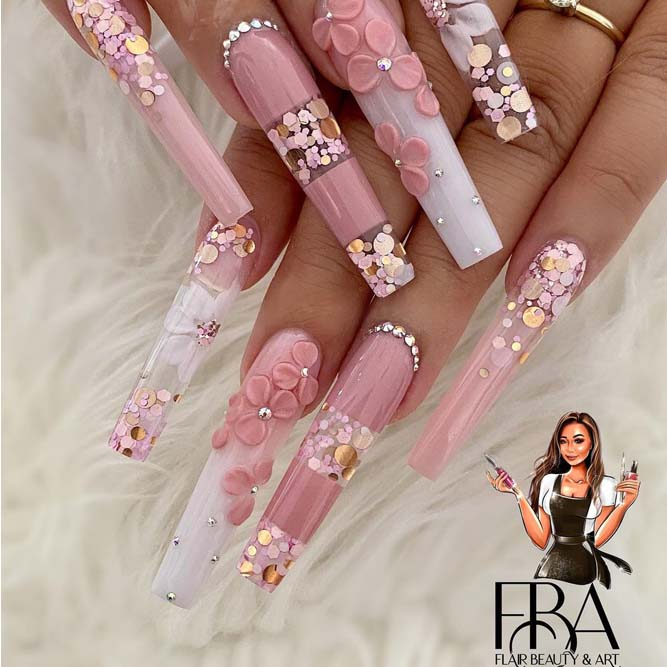 Nude Pink Nails with Floral Art