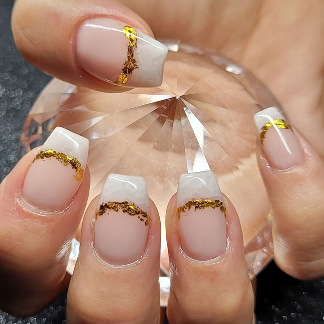 Gold and White Short Acrylic Nails