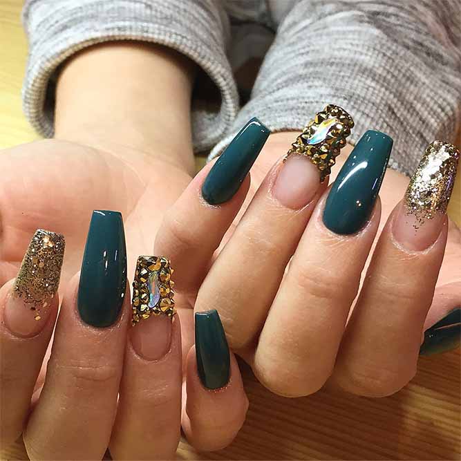 Golden Greenish-Blue Nails Designs