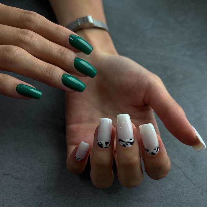 White and Green Trendy Square Sassy Nails
