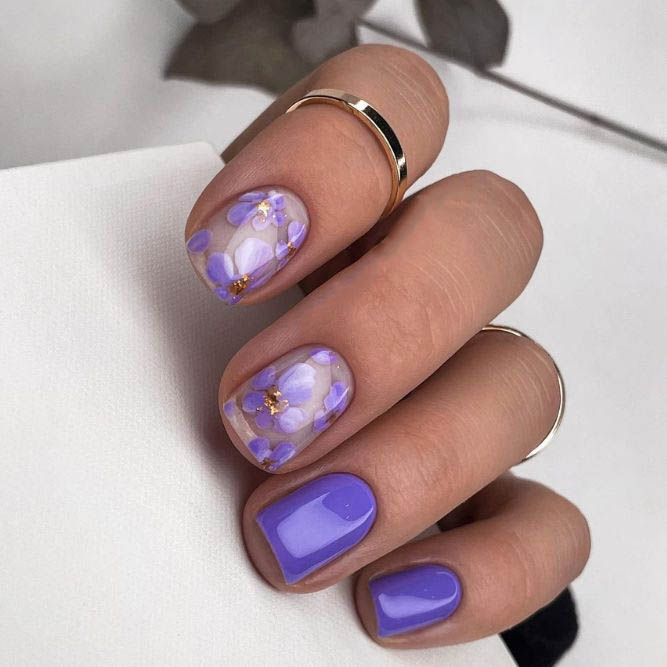 Square Nails with Floral Designs Violet