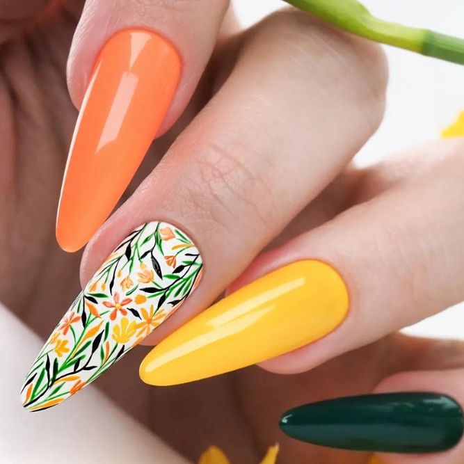 Tangerine And Green Shades For Spring Nails
