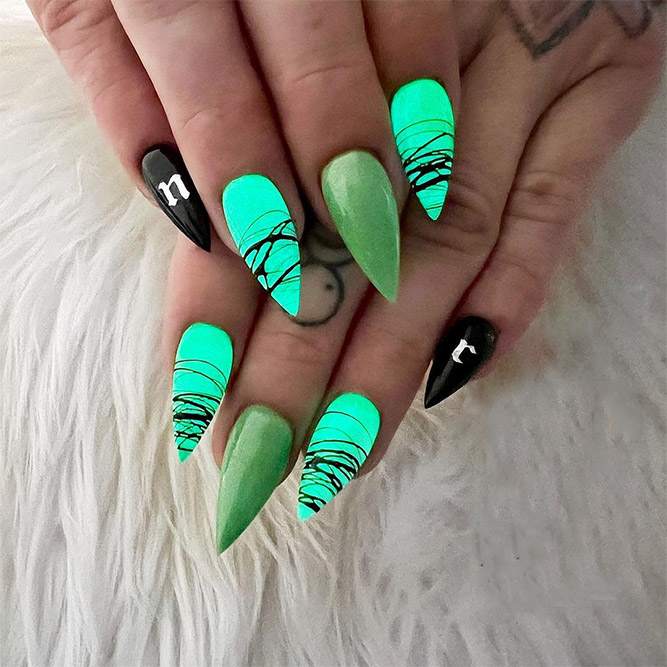 Green Nails with Black Lines