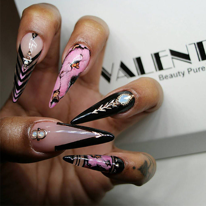 Pink and Black Long Marble Nails