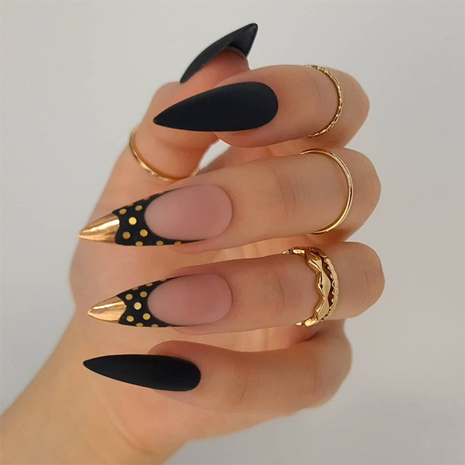 Gold and Black Matte French Manicure