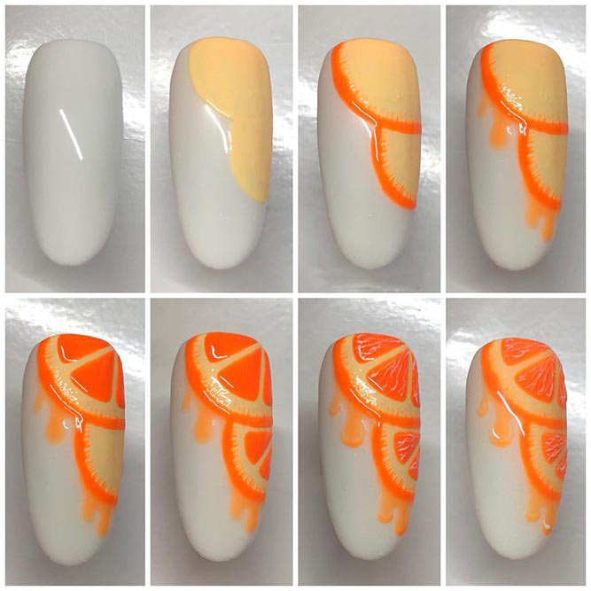 Oranges Design on White Nails