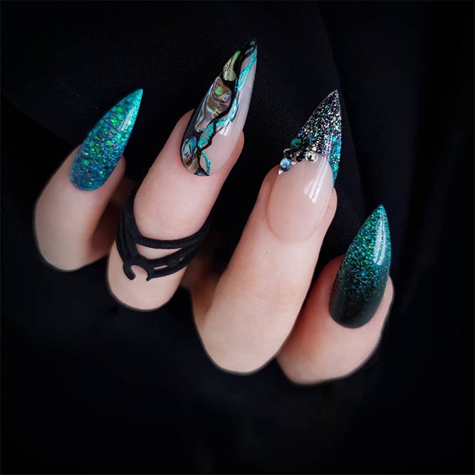 Emerald and Black Nails with French Tips