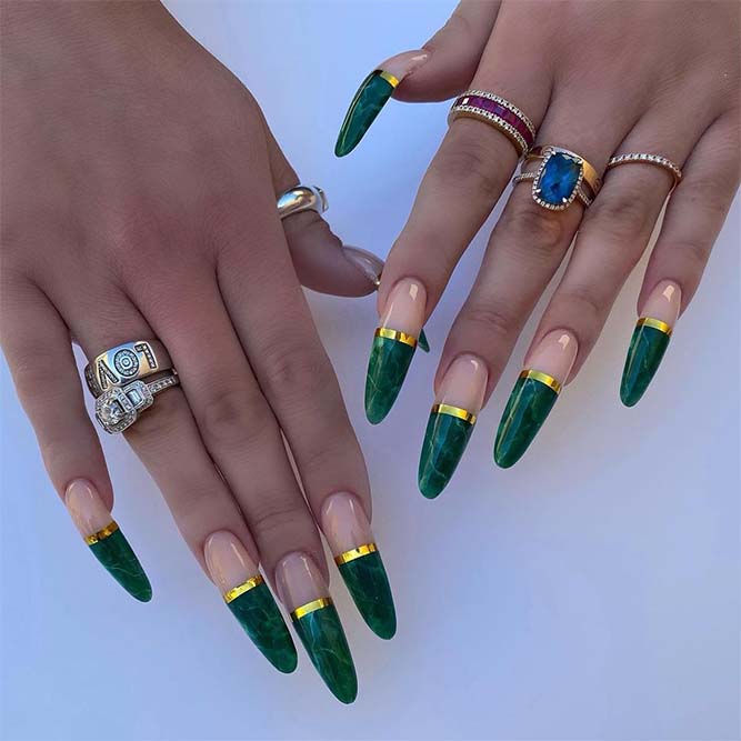 Green and Golden French Tip Nails Design