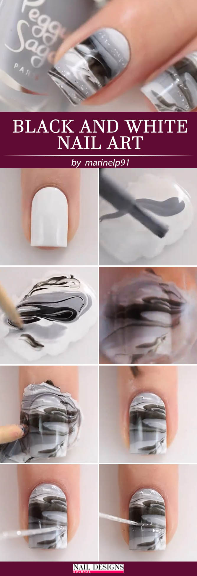 Black and White Water Marble Nail Art