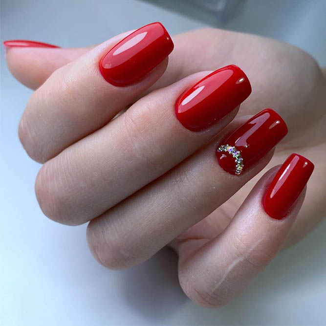 One Finger Rhinestones on Red Nails