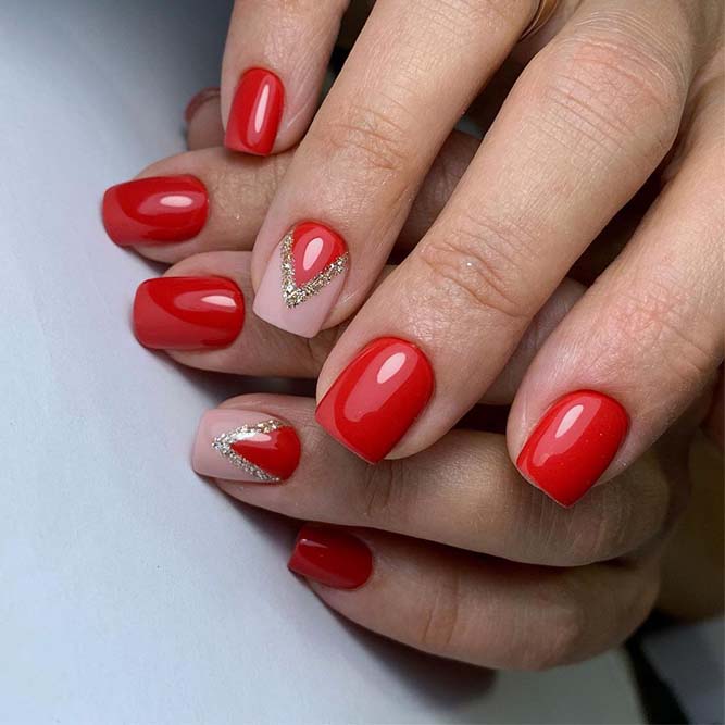 Red Nails with Silver Chevrones