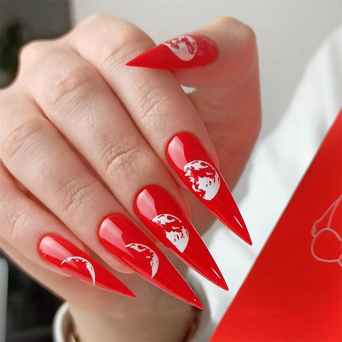 Red Nails with Earth Design