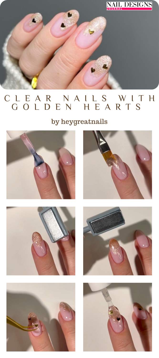 Clear Nails with Golden Hearts