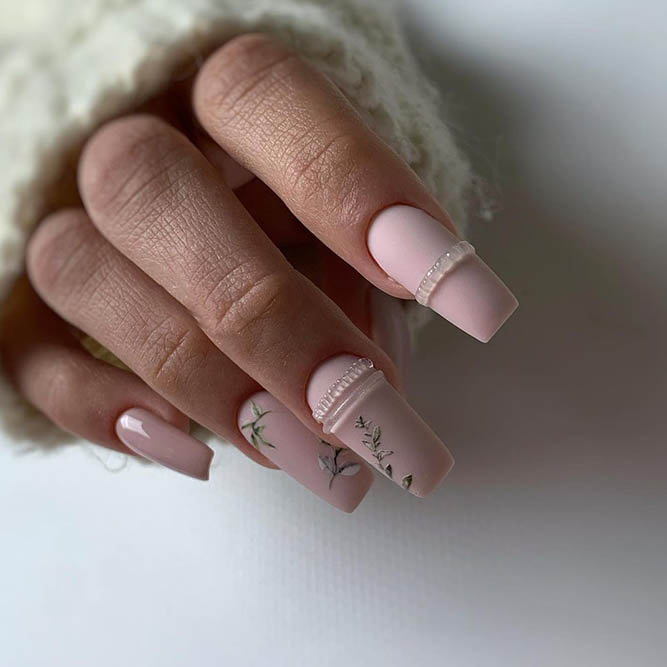 Soft Nude Nails with Floral Design