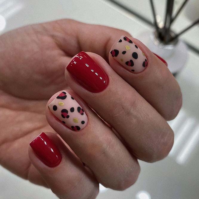 Classic Red Summer Nails Color with Animal Print