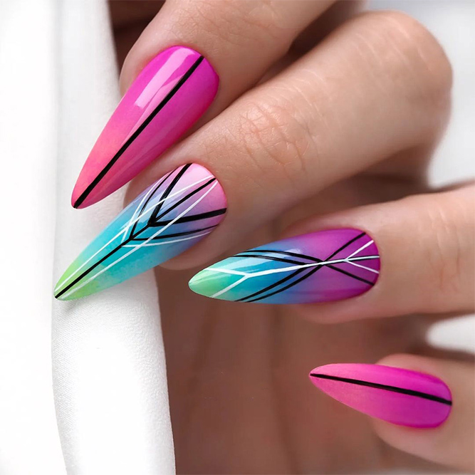 Pink and Teal Nails with Black Lines