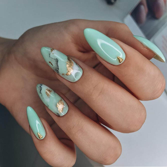 Light Teal And Gold Nails