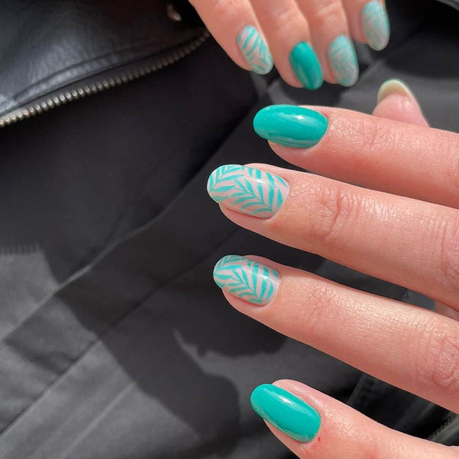 Teal Nails with Palm Leaves Design