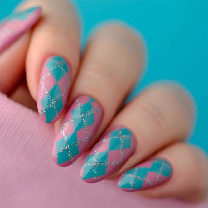 Teal ann Pink Oval Nails with Silver Lines