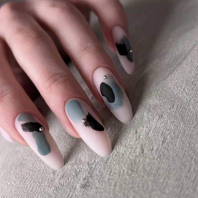 Pink and Grey Abstract Nails with Black Accents