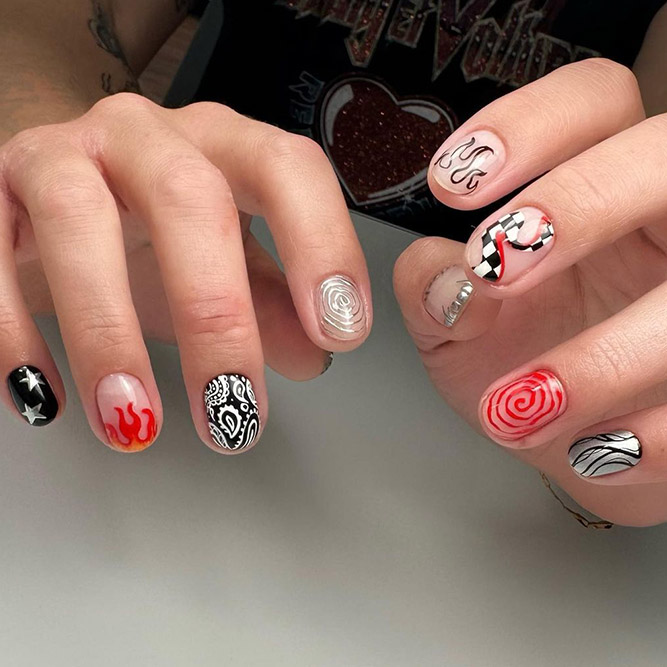 Black and Red Short Abstract Nails