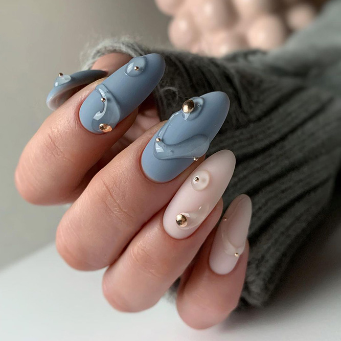 Volumetric Blue and Nude Abstract Nails