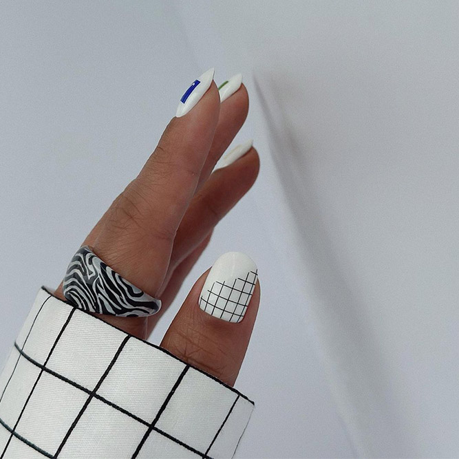 White and Black Geometric Abstract Nails
