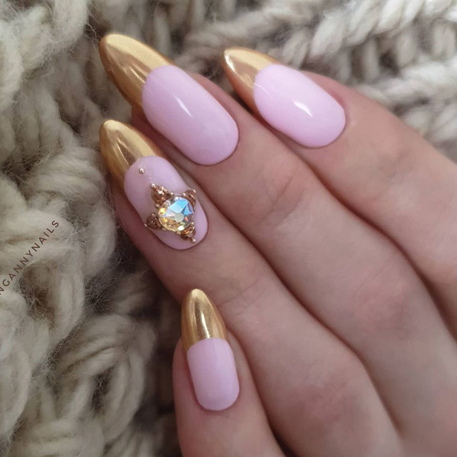 Gold French Manicure With Chrome