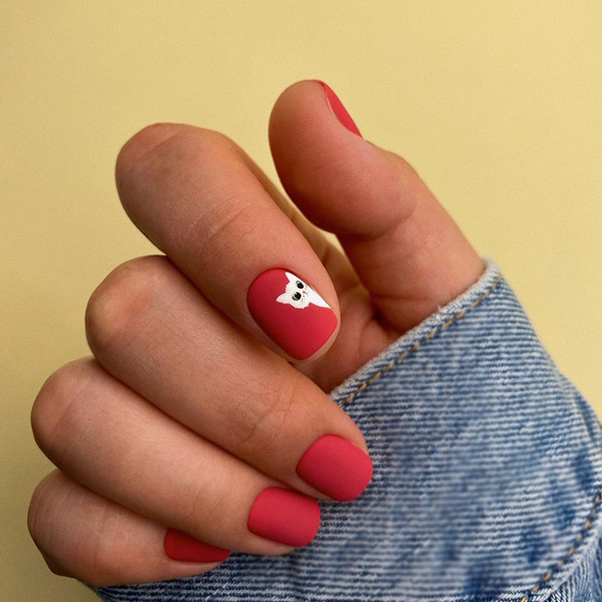 White Cat Design on Red Nails