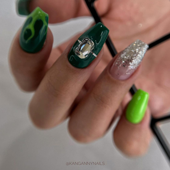 Fancy Green Nails With Accents