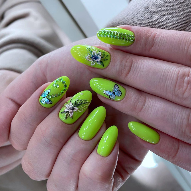 Nail Stickers and Other Accessories on Green Nails