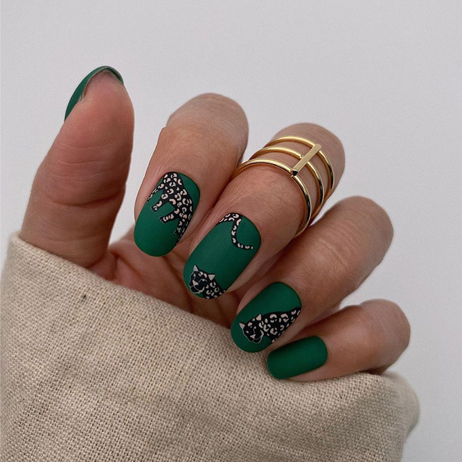 Green Nails with Animalistic Patterns