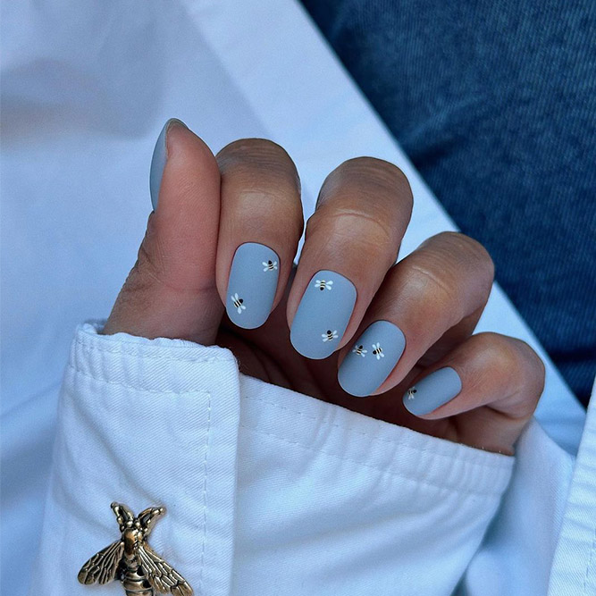 Blue Matte Nails with Stickers