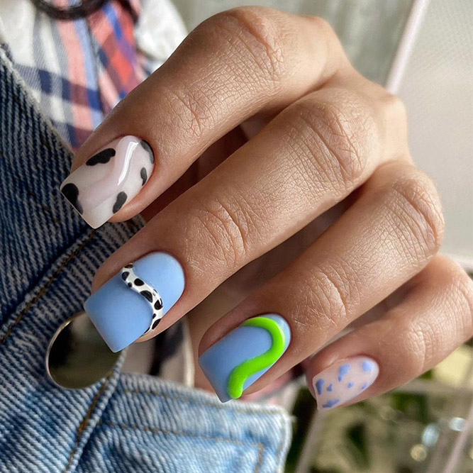 Blue and Green Nails with Animal Print