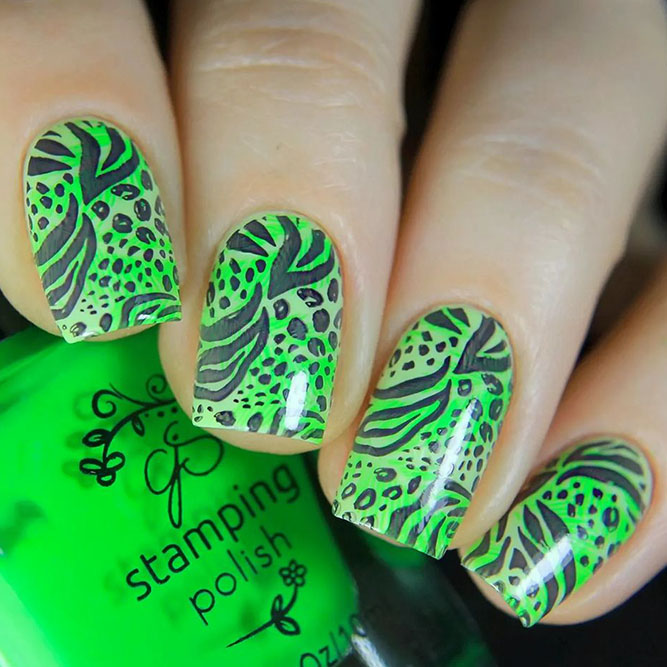 Neon Green Light and Darck Nails Design