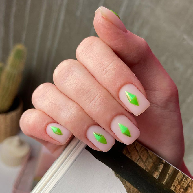 Matte Nude and Neon Green Nails