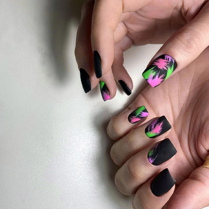 Black Nails with Neon Green and Pink Accents