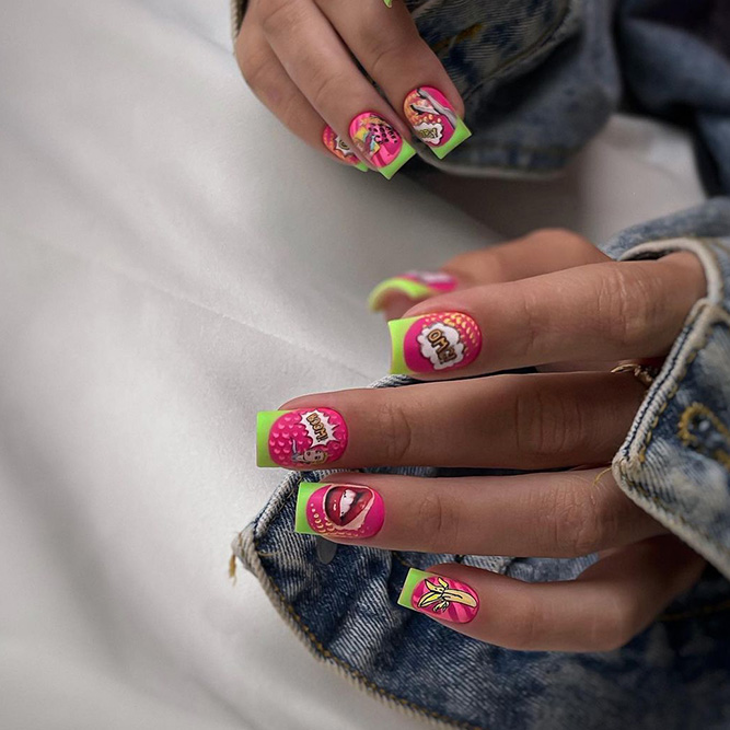 Pop Art Pink and Green Nails