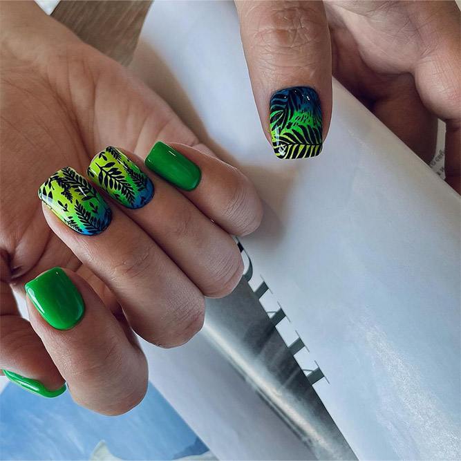Green Nails with Summer Leaf Design