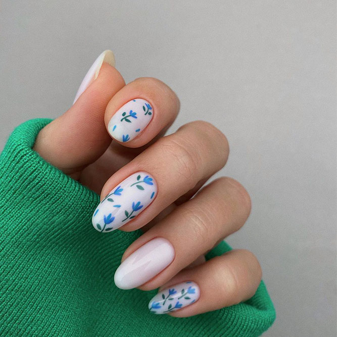 Blue Flowers Oval Nails Design
