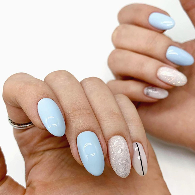 Light Blue Glitter Oval Nails